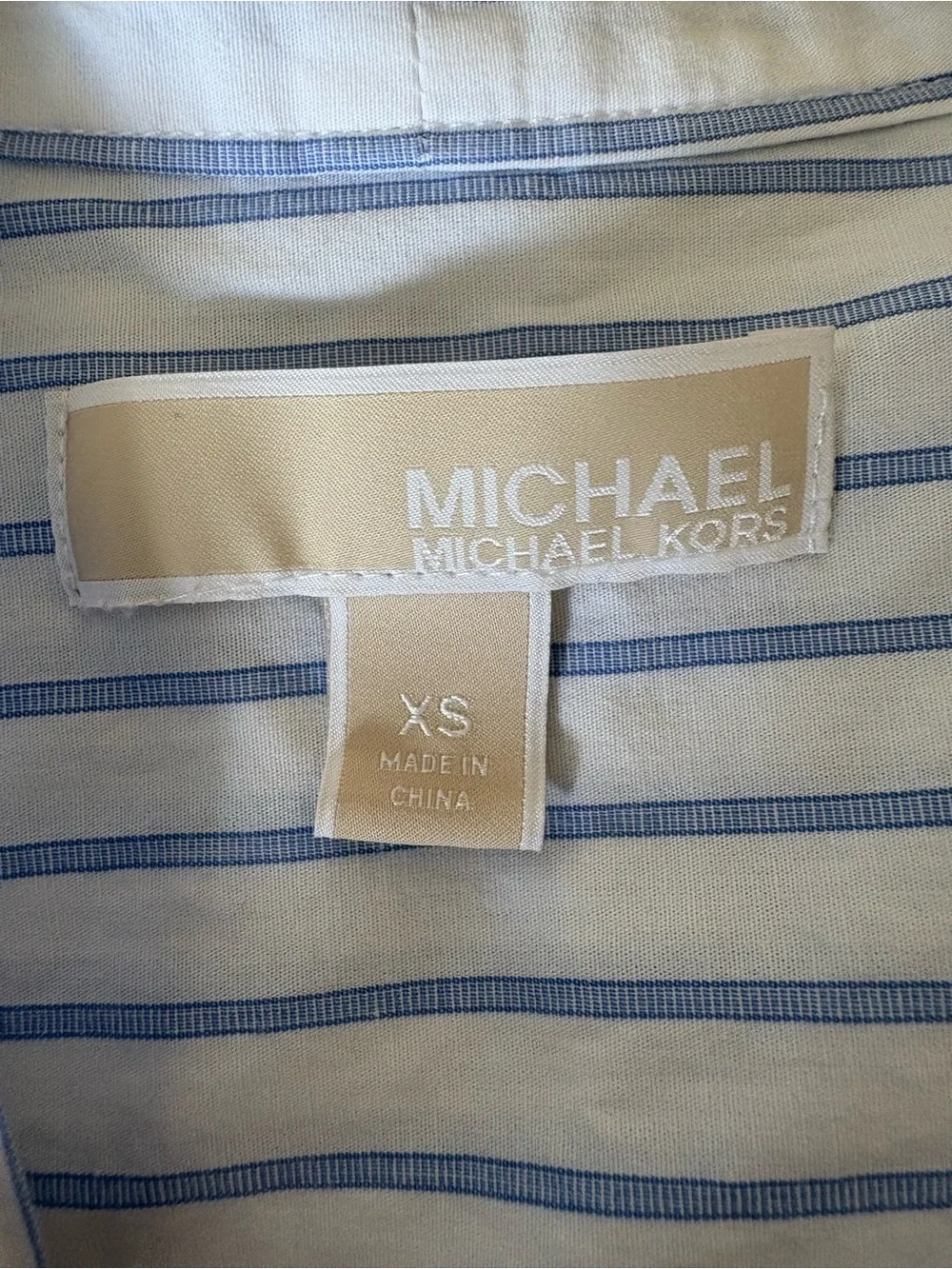 Michael Kors Light Blue and White Striped Tie-Neck Blouse